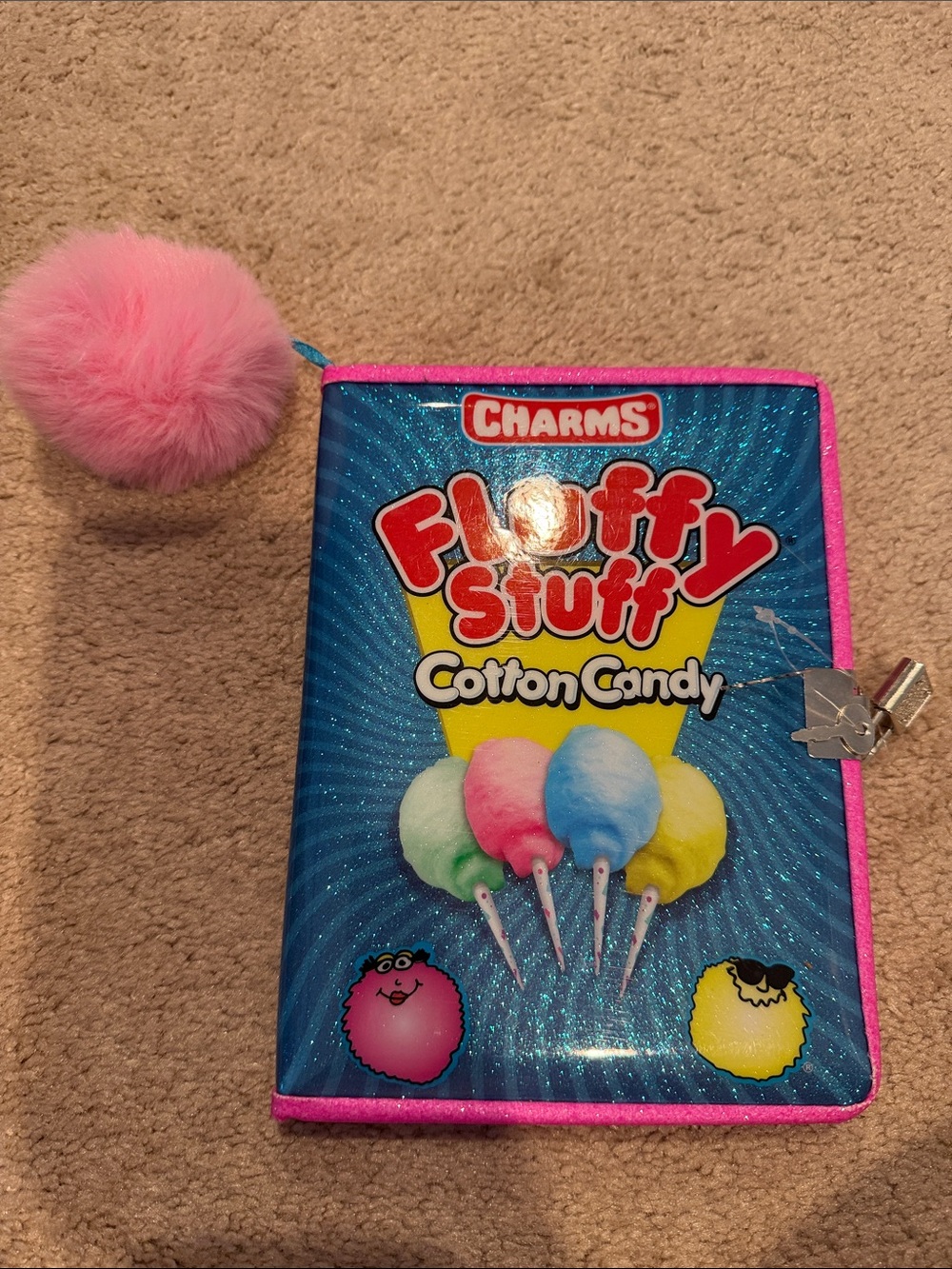 Charms Fluffy Stuff Cotton Candy Glitter Zip Notebook with Pink Pom nwot